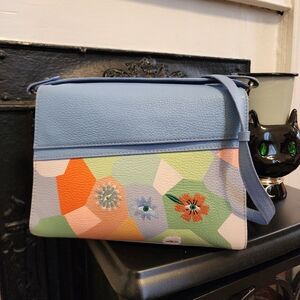 Min & Mon Blue Multicolor Floral Embioered Crossbody Purse